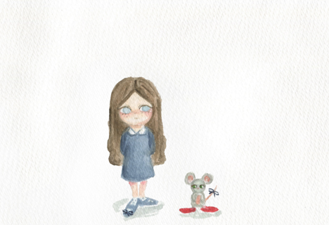 Character concept watercolor of the lost girl standing beside a small mouse.