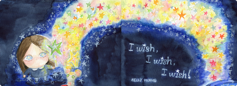 Hero spread from I Wish, I Wish, I Wish!: a girl in a night sky of stars with the title in chalky script.