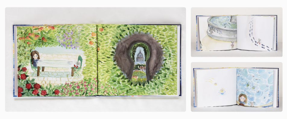 Two interior spreads of the book: a garden scene and a night-sky scene, painted in watercolor.