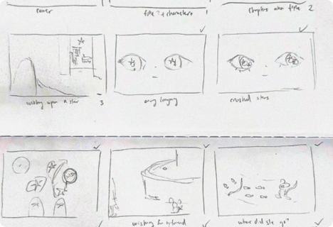 Storyboard sketches for the picture book, laid out in grids of small watercolor thumbnails.