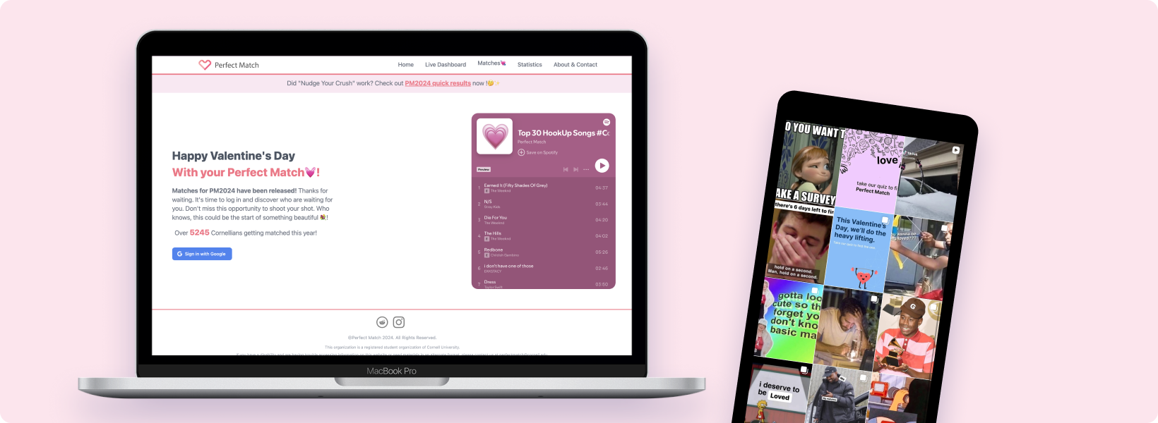 Perfect Match before the rebrand: original site and Instagram feed.